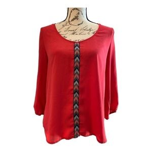 Society Girl top, size Medium. Coral red color with embroidery and full zipper.